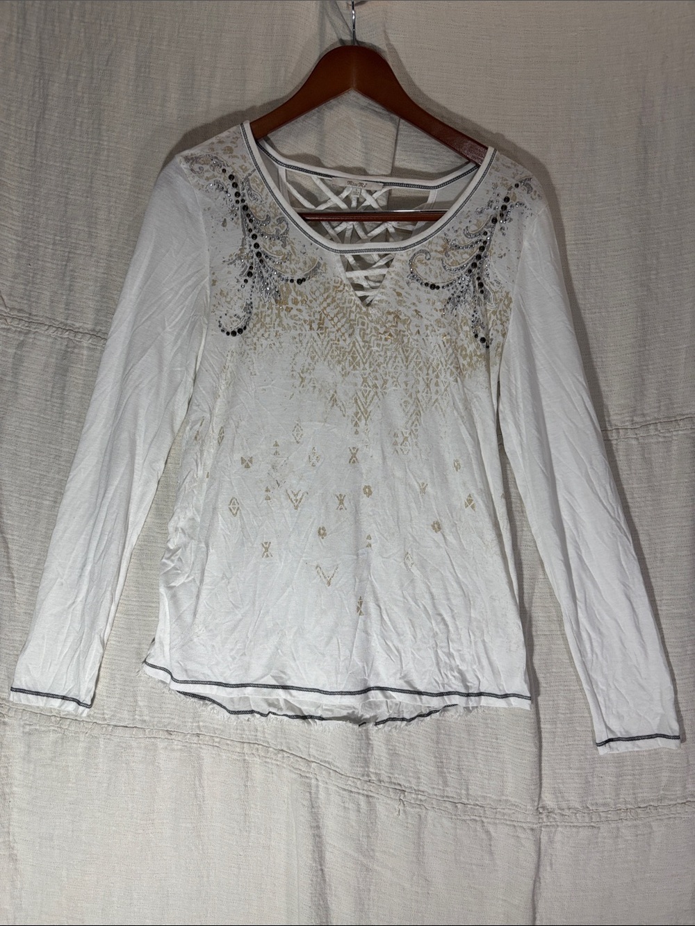 Miss Me Y2K White Embellished Boho Lace Up Long Sleeve Top Rhinestone Size L